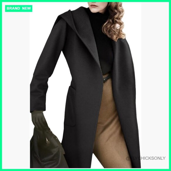 Wool Blend Trench Coat Long Sleeve Open Front Belted Casual